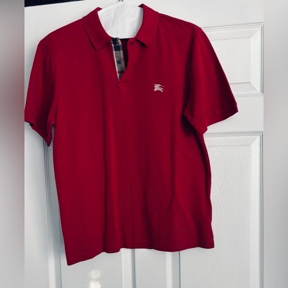 Burberry Brit Men's Red Pique Short Sleeve Polo Shirt Check Lined Placket XL